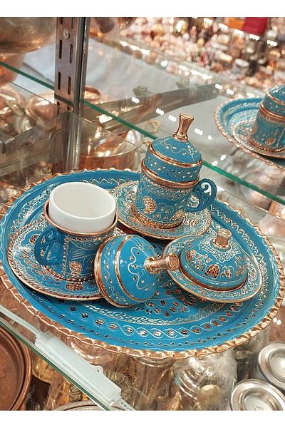 Bakır Center Copper Cup Set for 2 People - Ottoman Patterned Turkish Coffee