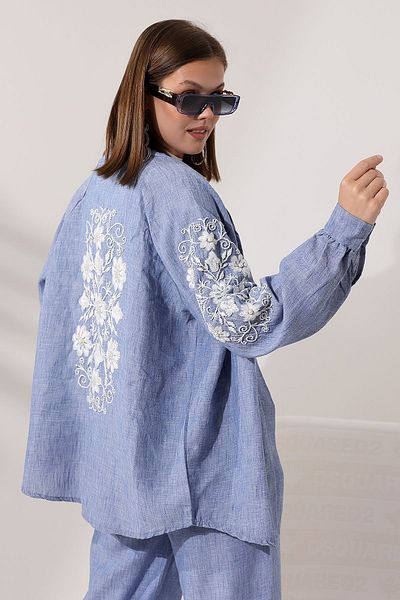 Miss Allos Linen Kimono Jacket and Trousers Set with Embroidery Detail - Women