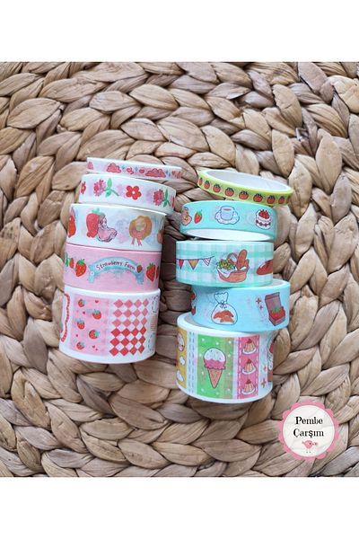 Pembe Çarşı 10-Piece Washi Tape - Patterned Paper Tape, Strawberry Farm and Ice Cream Croissant Tape Sticker