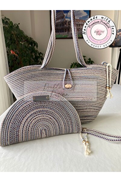 DOUBLE KNOT DESİGN 2li Takım Plaj Çantası , El çantası Clutch, Totebag, Kadın...