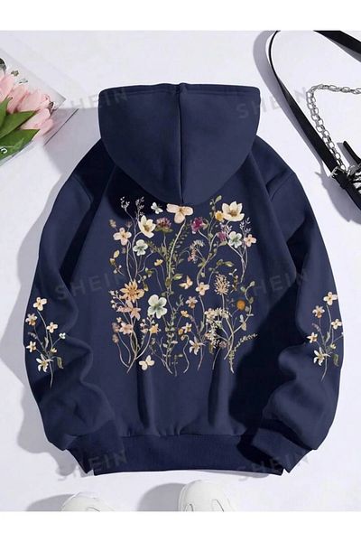 npLStore Зимен голям детски суитшърт - суитшърт с качулка и флорален мотив на гърба