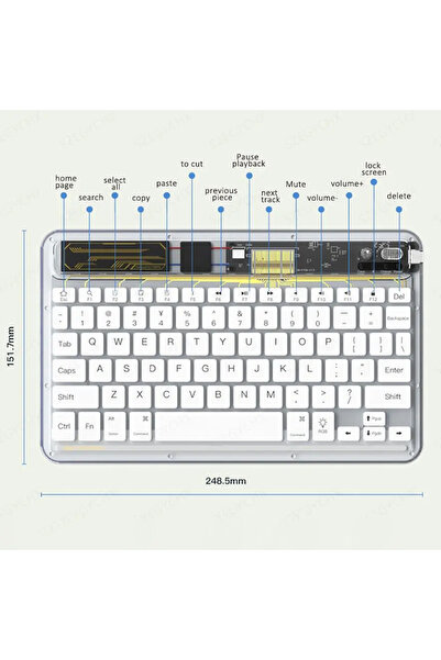 corcishop Bluetooth Klavye Türkçe Karakter Taşınabilir Ultra İnce iPad Tablet Laptop Uyumlu RGB Işıklı Şeffaf