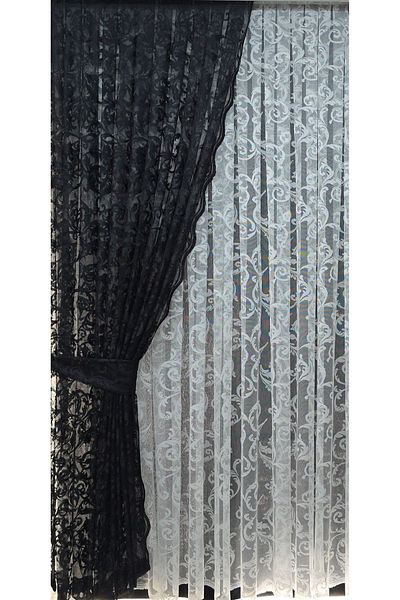 Art Perde Black Ivy Patterned Tulle Background Curtain - Model with 2 Wings and Laces