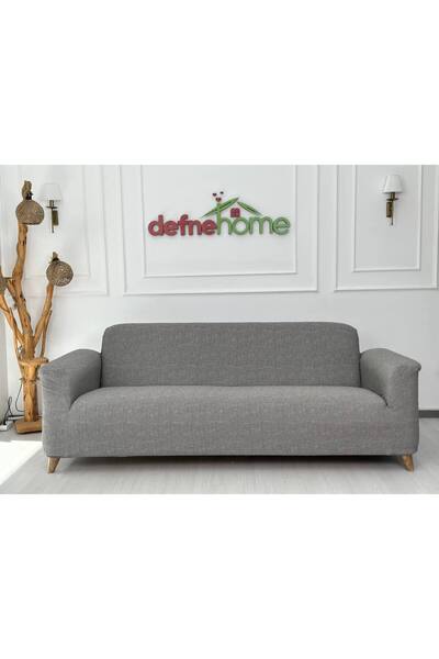 Defne Home Döşemelik Kumaş Düz Keten Lastikli Kayma Yapmayan 3 Kişilik 1 Adet Büyük Kanepe Örtüsü Gri