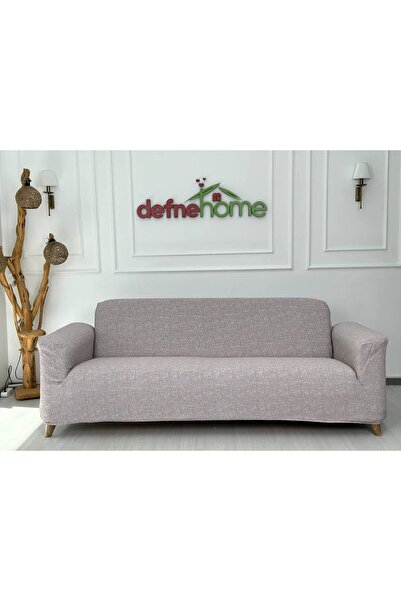 Defne Home Döşemelik Kumaş Düz Keten Lastikli Kayma Yapmayan 3 Kişilik 1 Adet Büyük Kanepe Örtüsü Pudra