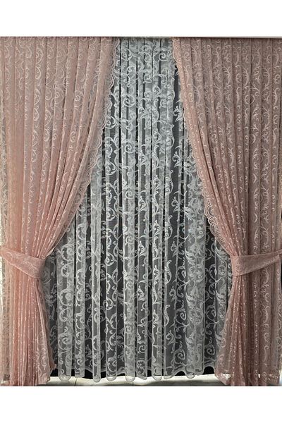 Art Perde 2 Winged Tulle Background Curtain - Lace Up Ivy Patterned Powder Pink