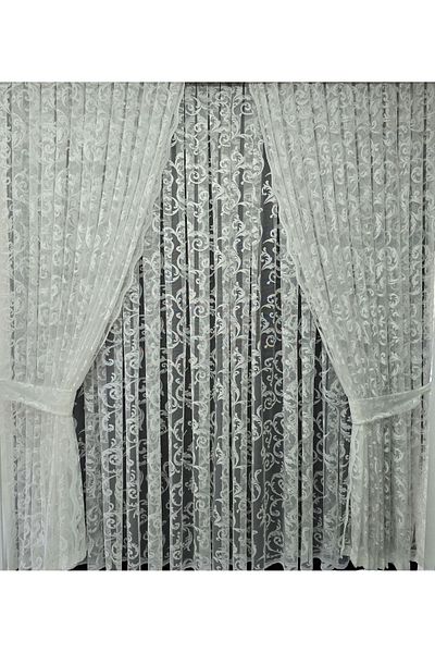 Art Perde 2 Wings White Ivy Patterned Tulle Background Curtain - Lace-up Model