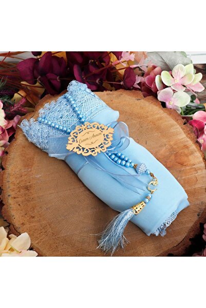 MaveraShop Kişiye Özel Pleksi Iğne Oyalı Şal Ve Inci Tesbih Seti - Mavi