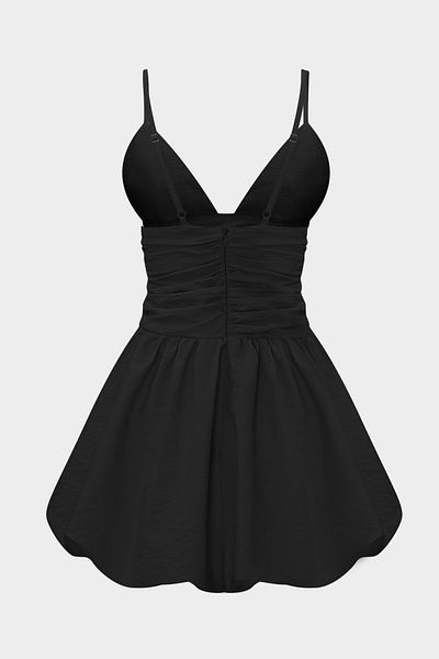 Açelya Okcu Women's Mini Balloon Dress with Straps and Drape Detail