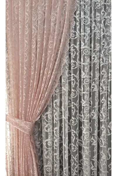 Art Perde 2 Winged Tulle Background Curtain - Lace Up Ivy Patterned Powder Pink