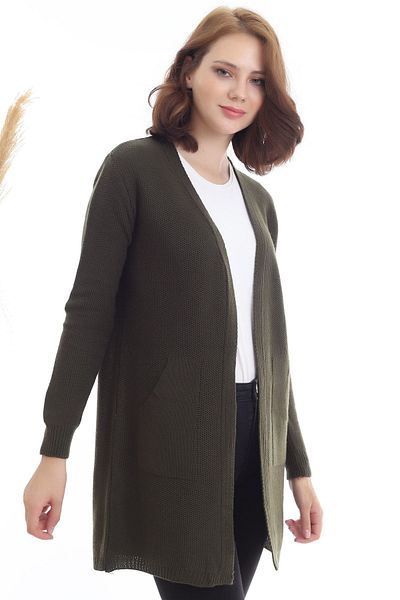 Devinka Women's Khaki Kangaroo Pocket Knitwear Cardigan