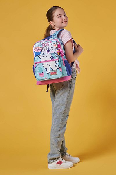Yaygan Coral High Kids - Turquoise Pink Cat Patterned School Backpack 23751