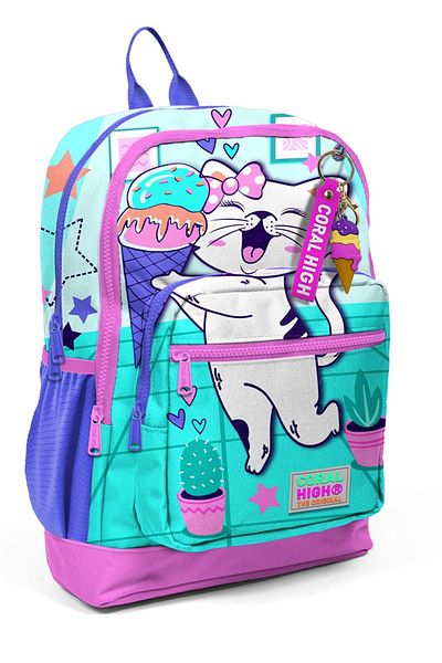 Yaygan Coral High Kids - Turquoise Pink Cat Patterned School Backpack 23751
