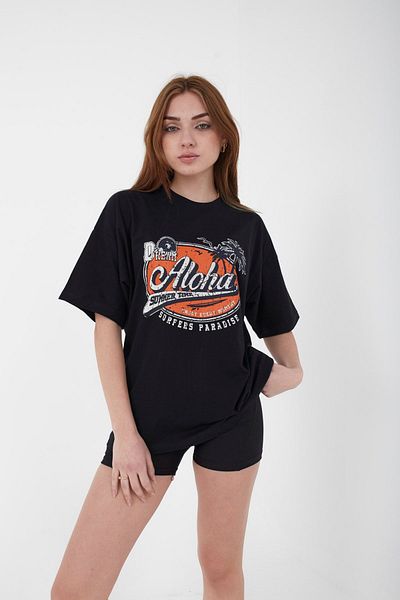 Mad&Calf Unisex Oversize Aloha εμπριμέ μαύρο μπλουζάκι