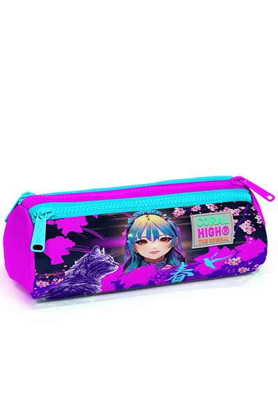 Yaygan Coral High Kids Purple Pink Anime Cat μοτίβο τριών θέσεων τσάντα μολυβιού 22053