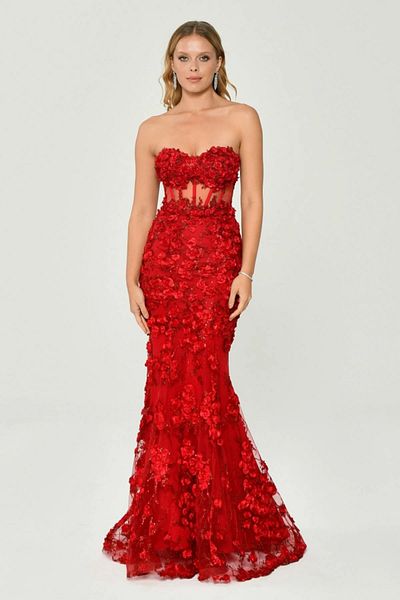 ALFABETA Strapless Sweetheart Neck Size Transparent Flower Detailed Long Stylish Evening Dress