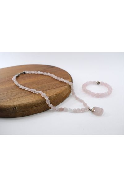 Mina Souvenir Natural Stone Pink Quartz (Love, Love, Peace) Necklace and Bracelet Set