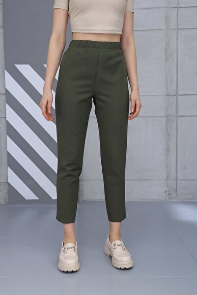 Feela Moda 2004 Model High Waist Lycra Khaki Women's Trousers - Oversize Carr...