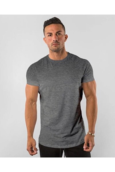 EMTA Tricou pentru bărbați, gri basic, 100% bumbac, cu guler rotund