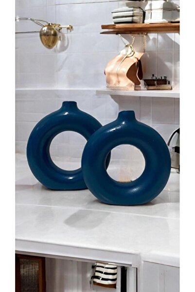 Porselian Navy Blue Matte 2-Piece Ring Bohemian Ceramic Vase Set – Modern & Decorative