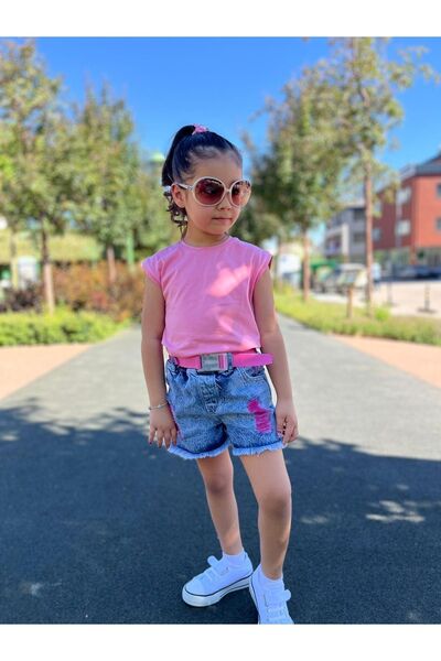 Kidsella Girl's Pink T-Shirt with Jeans Shorts and Belt Combination