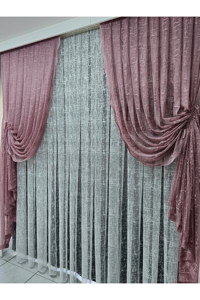 Art Perde Dried Rose Patterned 2 Wing Tulle Background Curtain - Drawstring Slub Model