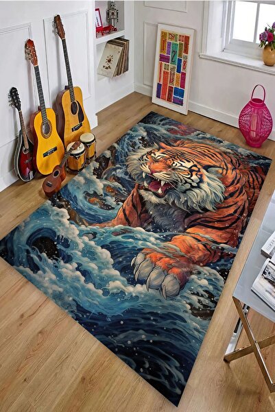 Alpacarpet Kaymaz Taban Makinede Yıkanabilir Tiger Kaplan Desenli Gamer Genç ...