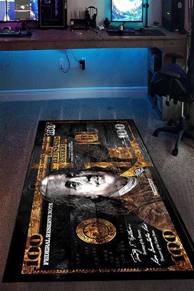 Alpacarpet Kaymaz Taban Makinede Yıkanabilir Gaming 100 Dolar Para Desenli Oyuncu Gamer Genç Odası Halısı