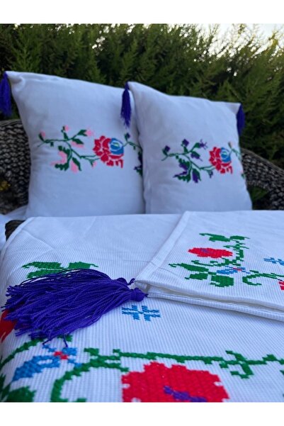 MSS ATALIER etamin elde işlemeli kanaviçe etnik  desen,ev, salon,balkon,bahçe tekstili, 2kırlent-1 masa örtüsü