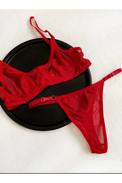 BLUE AVCI LINGERIE Hunter Blue Suit with Red Tulle Thong