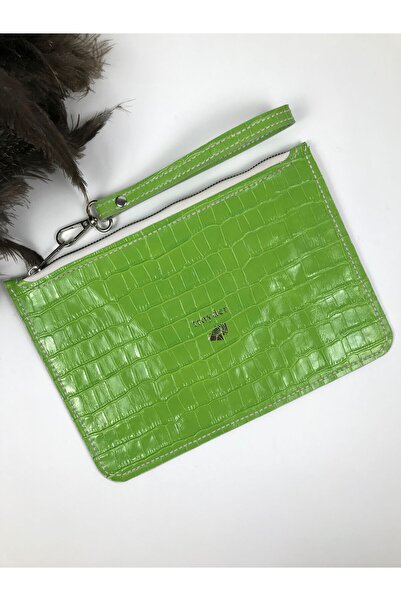 Deri Clutch Çanta Yeşil Kroko Desenli