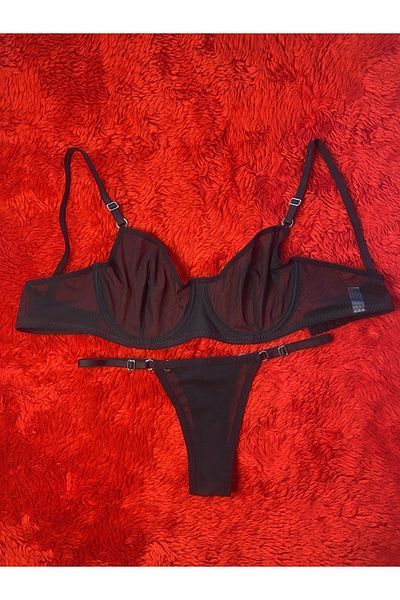 KİVİK WOMEN'S BLACK BALENED STYLISH TULLE BRA SET
