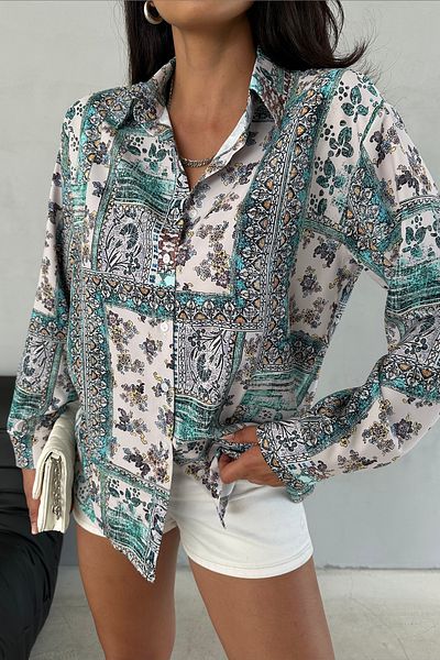 Ortaya Çık Satin Shirt - Turquoise Patterned, Basic Model