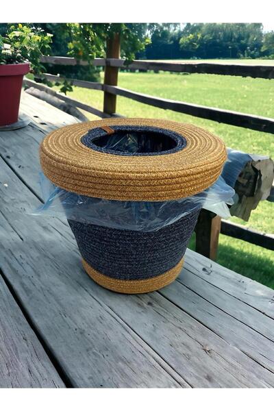 Genel Markalar Lacivert Hasır Jüt Kapaklı Modern Çöp Kovası, Şık ve Kullanışl...