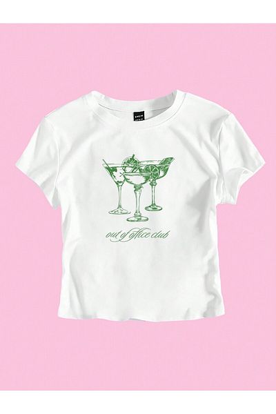Bengi Clothing Γυναικεία Crop Top Μπλούζα με Λευκή στάμπα Y2k Style - Κοντό μανίκι