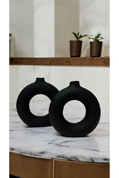 Porselian Vază boemă decorativă neagră, modernă, realizată manual, cu 2 inele