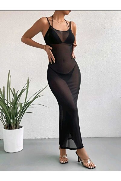 charango Kadın Askı Boyu Ayarlanabilen Likralı Tül Bodycon Siyah Maksi Elbise