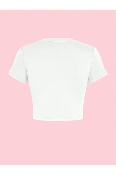 Bengi Clothing Λευκό εμπριμέ γυναικείο Crop Top - Y2k κοντομάνικη μπλούζα