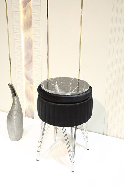 Sare Home Bianco Metal Ayaklı Puflu Sehpa Krom Siyah (CHROME BLACK)
