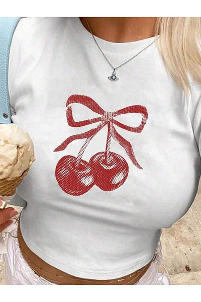 Bengi Clothing Λευκό εμπριμέ γυναικείο Crop Top - Y2k κοντομάνικη μπλούζα