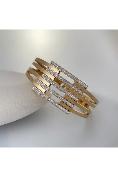 nerora Paslanmaz Çelik Kaburga Kelepçe Bileklik Beş Sıralı Taşlı Gold