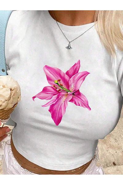 Bengi Clothing Crop Top pentru femei cu imprimeu alb - Bluză cu mânecă scurtă Y2k