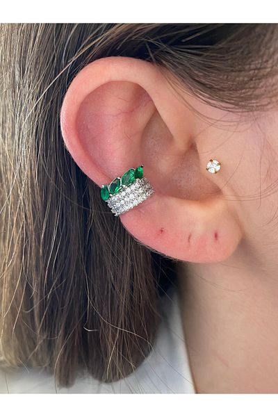 Pinery Jewels Women's Earcuff Cartilage Earrings with Emerald Drop Stones 3 Rows Plated over Brass