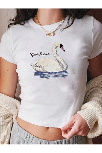 Bengi Clothing Λευκό εμπριμέ γυναικείο Crop Top - Y2k κοντομάνικη μπλούζα