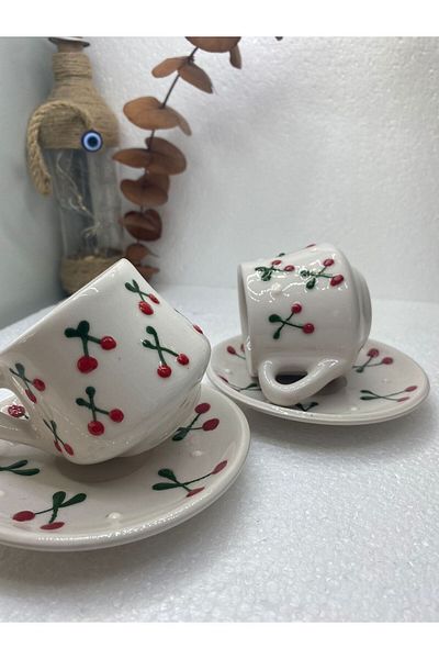 nutyaart Set of 2 Ceramic Cups Handmade - Red
