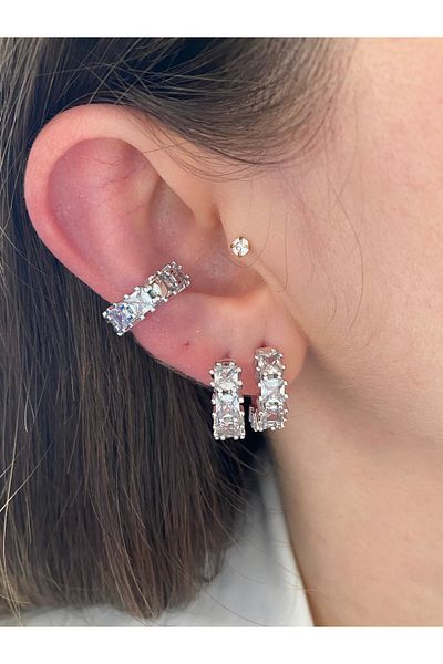 Pinery Jewels Vip Series - Row Baguette Square Stone Hoop Earrings
