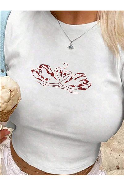 Bengi Clothing Λευκό εμπριμέ γυναικείο Crop Top - Y2k κοντομάνικη μπλούζα