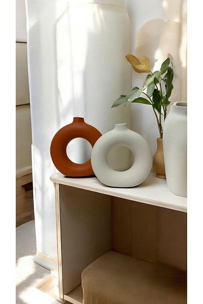 Porselian Handmade Orange White Decorative Modern 2-Piece Ring Bohemian Vase
