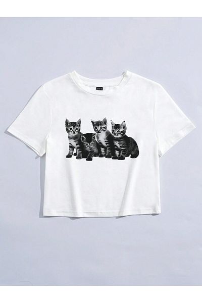Bengi Clothing Crop Top pentru femei cu imprimeu alb - Bluză cu mânecă scurtă Y2k
