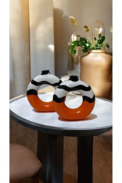 Porselian Vază boemă decorativă modernă, portocalie, cu model zebră, realizată manual